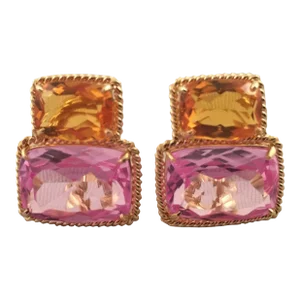 Christina Addison 18 Kt Yellow Gold Large Two Stone Cushion Earring With Twisted Rope Border - a Pair