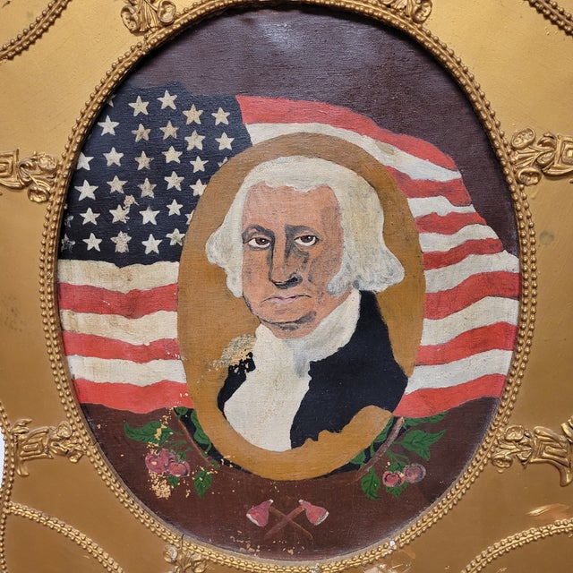American Antique American Folk Art Oil Painting of George Washington Portrait With Flag For Sale - Image 3 of 6