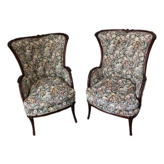 Pair of Vintage Victorian-Style Floral Wingback Chairs For Sale