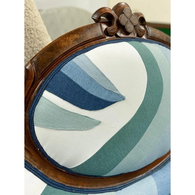 Mid 19th Century Walnut and Burlwood Parlor Medallion Sofa Reupholstered in 'New Wave' Design For Sale - Image 11 of 11