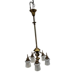 Vintage Five Arm Brass Pendant With Vintage Etched Iridescent Shades For Sale