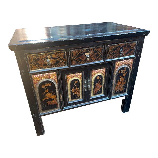 Antique 19th Century Chinese Wood Black Lacquer Storage Cabinet For Sale