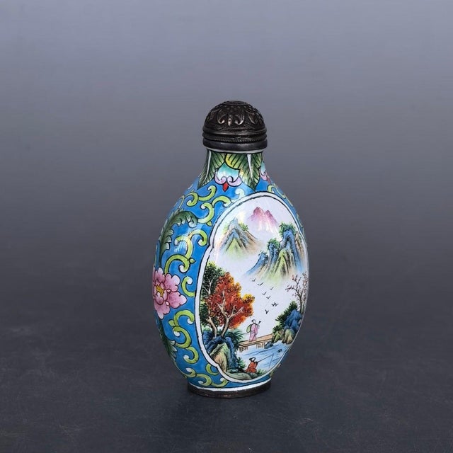 Copper Enamel Landscape Snuff Bottle, Hand Painted Famille Rose Scene For Sale - Image 4 of 9