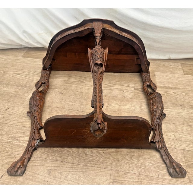 Vintage Demilune Console Half Moon Table, Walnut Top, Bottom Shelf, Carved Swan For Sale - Image 12 of 12