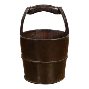 1900s Qing Southern Chinese Wooden Bucket with Large Handle & Metal Accents