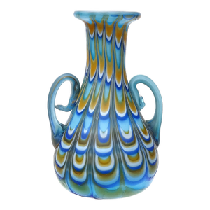 Antique Fratelli Toso Murano Pulled Feather Fenicio Technique Blue Orange White Italian Art Glass Cabinet Vase