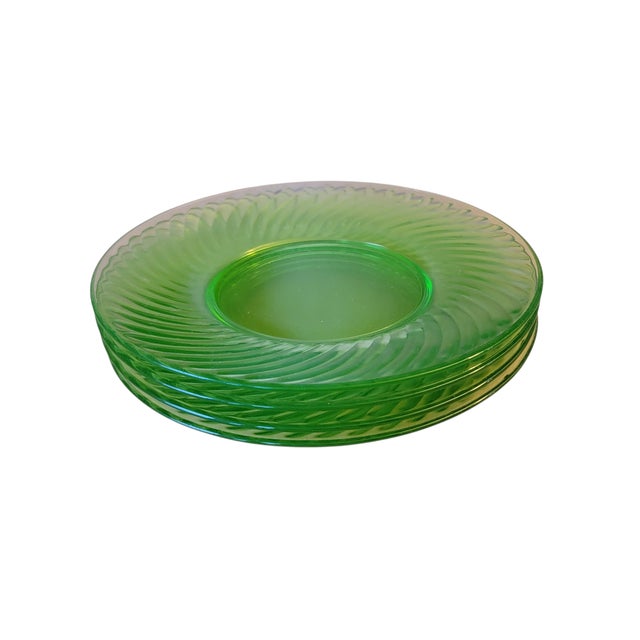 Set of 4 Transparent Green Uramium Glass Salad Plates Early 20th Century For Sale - Image 6 of 16