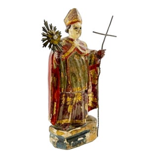 Antique Spanish Colonial Polychrome Carved Wood Bishop Saint Bulto With Glass Eyes, Circa 1800 For Sale