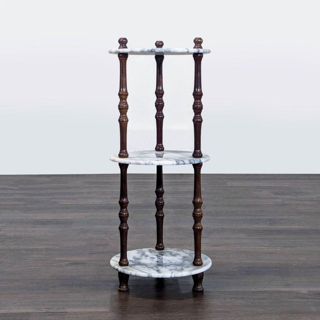 Traditional Vintage Powell Three Tier Carrera Marble and Wood Plant Stand For Sale - Image 3 of 6