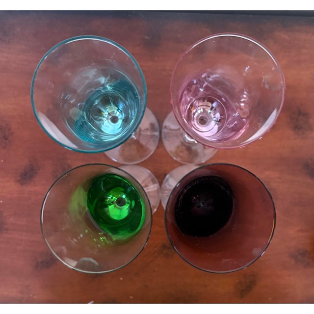 Vintage Hand-Blown Art Glass Champagne Flutes – Set of 4– Jewel Tone Stemware – Green Aqua Pink Amethyst For Sale In Indianapolis - Image 6 of 10