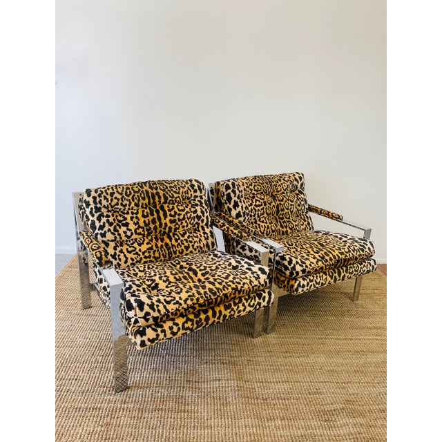 Vintage 1970s Cy Mann Pair of Leopard & Chrome Lounge Chairs Mid Century Modern For Sale - Image 9 of 17