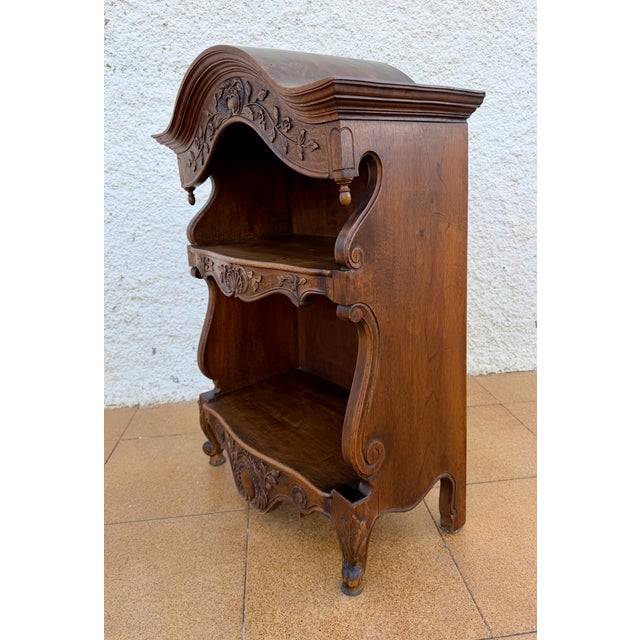 Brown 1950s Spanish Carved Wood Open Shelf With Floral Decoration For Sale - Image 8 of 13