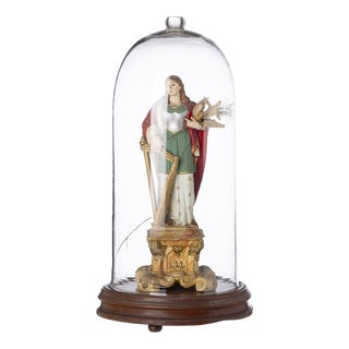 Religious Artist, Saint Cecilia of Rome, 19th Century, Terracotta Sculpture in Glass Dome For Sale