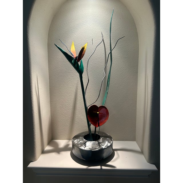 Contemporary Contemporary Handcrafted Metal Floral Sculpture - Bird of Paradise & Anthurium in Brushed Steel Base - signed "K Johnson" For Sale - Image 3 of 9