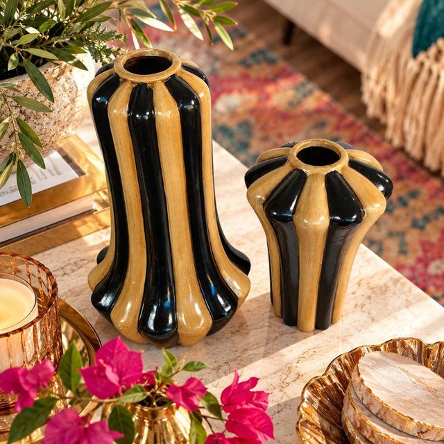 Art Deco Hollywood Regency Black & Tan Fluted Ceramic Vase Pair For Sale - Image 16 of 16