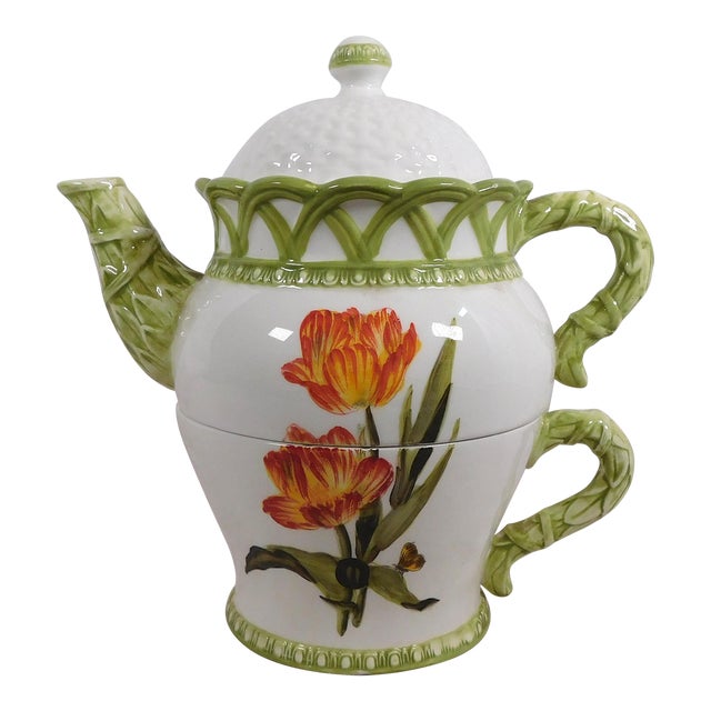 1980s White and Green Tea Set for One For Sale