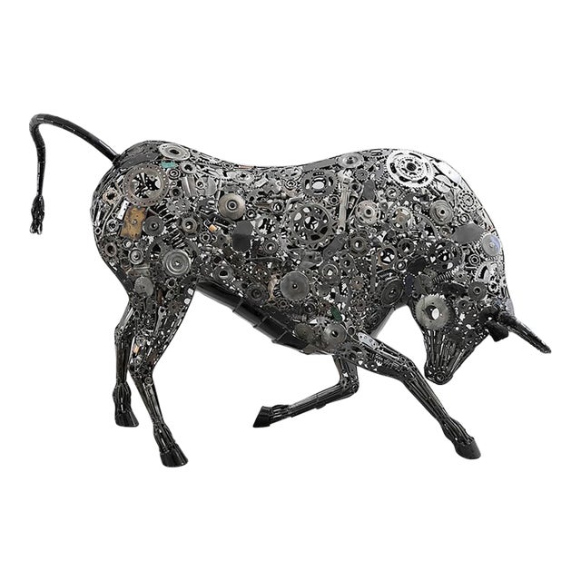 Premium Handcrafted Recycled Metal Bull Sculpture | 92" X 57" | One of a Kind For Sale