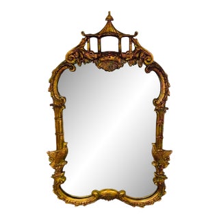 Chinese Chippendale Carved Giltwood Pagoda Birds Mirror For Sale