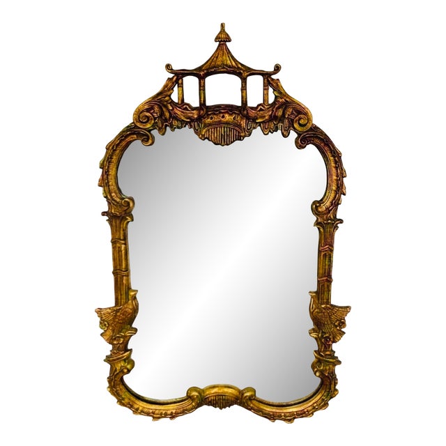 Chinese Chippendale Carved Giltwood Pagoda Birds Mirror For Sale