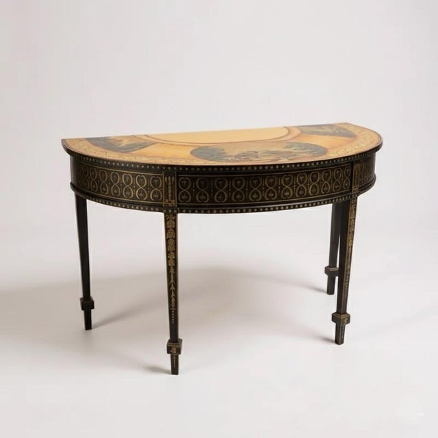 1980s Neoclassical Hand-Painted Ebonized & Gilt Demilune Console Table For Sale - Image 4 of 8