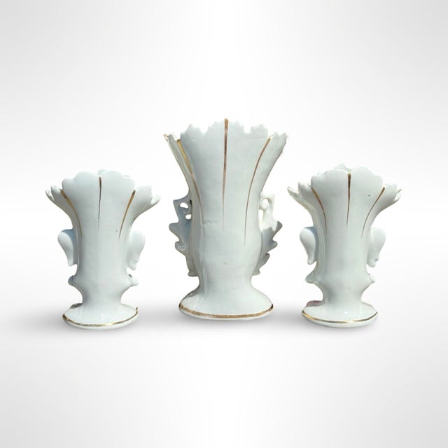 Antique French Paris Porcelain Ruffled Bridal Spill Vases With Hand-Painted Florals & Gold, Set of 3 For Sale - Image 9 of 10