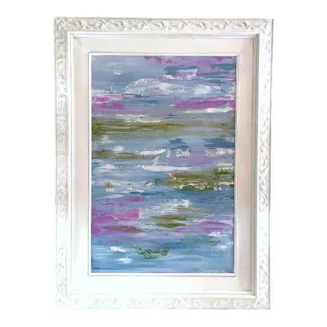 Original Acrylic on Canvas, Signed Framed in an Ornate, Hand-Finished White Frame This serene abstract composition...