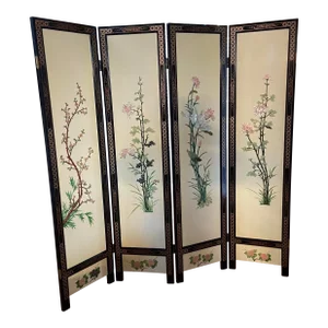 1970s Asian Screen 4-Panel Room Divider Decorated Screen