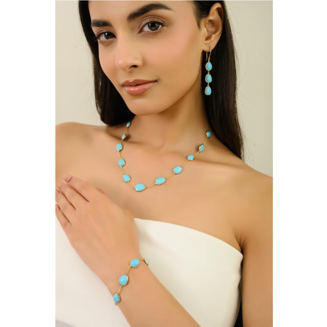 14k Gold Cabochon 11.2 Ct Turquoise Dangle Earrings for Her- A Pair For Sale - Image 4 of 11