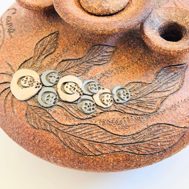Brown Triple Neck Studio Pottery Oil Lamp Vase by Carma, 1984 For Sale - Image 8 of 12