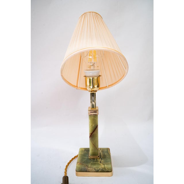 Art Deco Jade Table Lamp with Brass and Fabric Shade, 1920s For Sale - Image 12 of 18