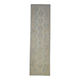 Turkish Oushak Runner Rug Blue & Beige Geometric Handwoven Wool Rug 2'9" X 9'7" For Sale
