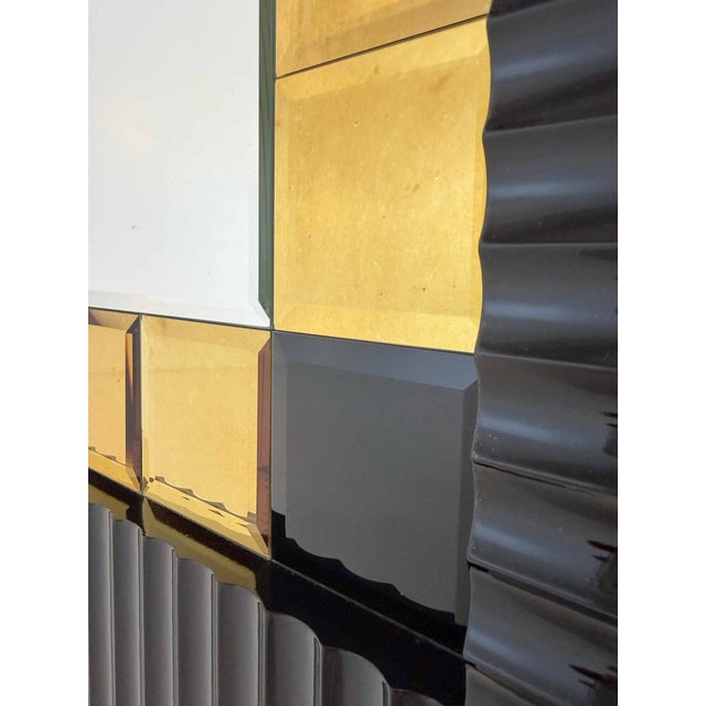 Glass Italian Vintage Wall Mirror with Black Lacquered Frame and Gold Square Inserts, 1980s For Sale - Image 7 of 14