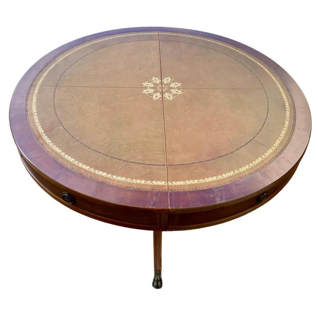 Round Mahogany Table with English-Style Leather Top, 1950s For Sale - Image 4 of 8