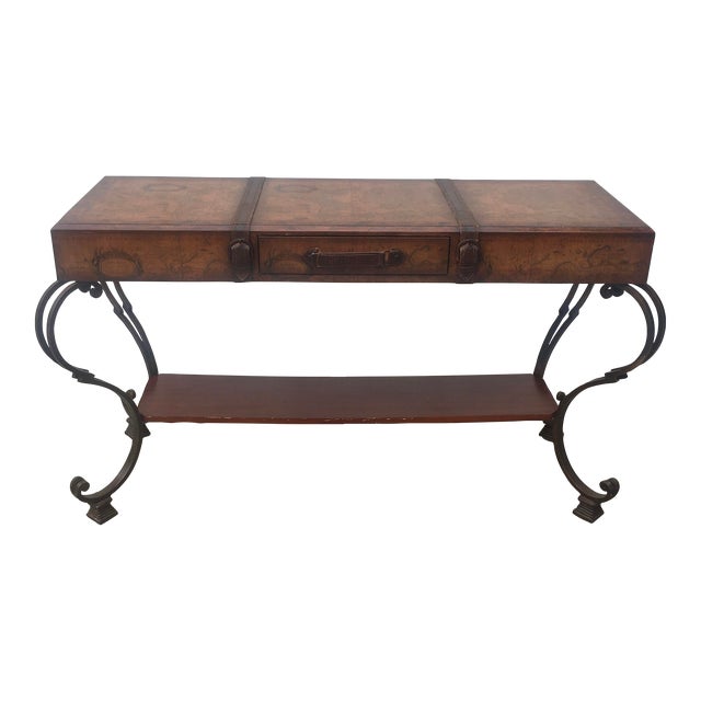 Vintage World Map Suitcase Table with Leather Straps & Buckles For Sale