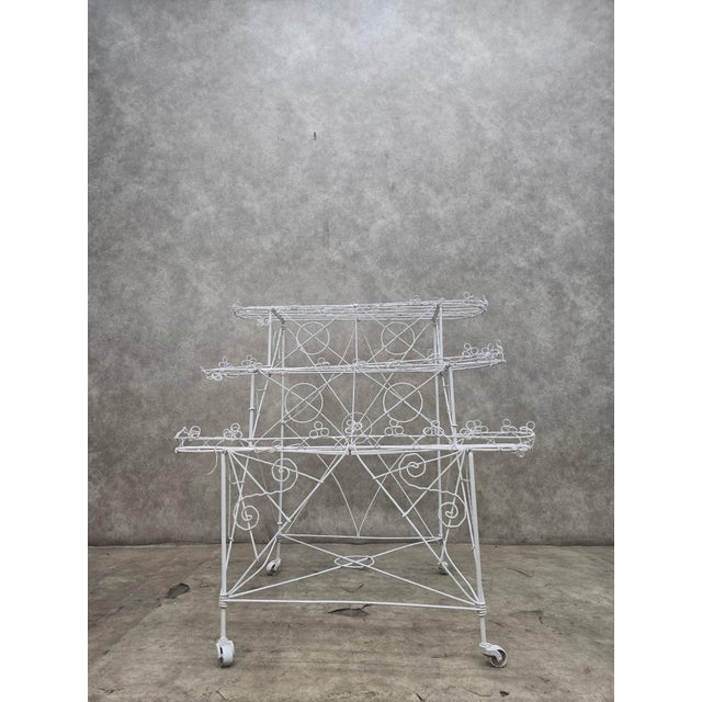 Mid 20th Century Vintage White Wire 3-Tier Rolling Plant Stand on Casters For Sale - Image 5 of 10