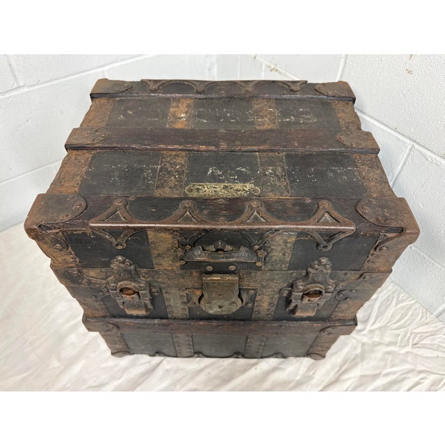 Rare Antique Miniature 19th Century Handmade Wood Iron Taylor Steamer Trunk For Sale - Image 14 of 17