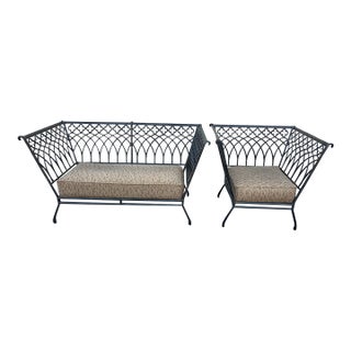 Charming Wrought Iron Patio Settee and Chair Style 2 Pieces For Sale