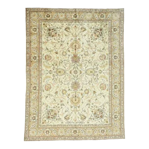 1930s Vintage Persian Tabriz Ivory Hand Knotted Rug