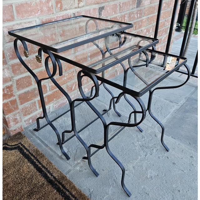 Mid 20th Century Set of 3 Outdoor Wrought Iron Nesting Tables, Copper Floret Trim For Sale - Image 5 of 12