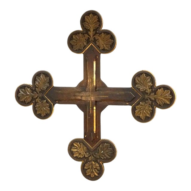 Antique Monumental Gothic Parcel Gilt & Polychromed Carved Oak Cross 19thC For Sale