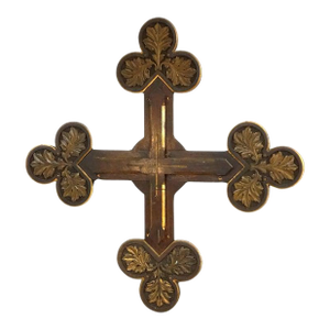 Antique Monumental Gothic Parcel Gilt & Polychromed Carved Oak Cross 19thC
