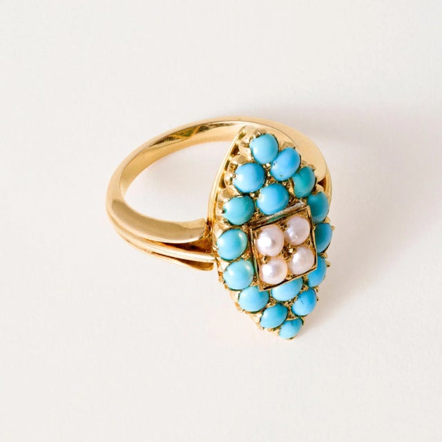 Victorian Vintage 18k Rose Gold Turquoise and Pearl Navette Ring, Size 8 For Sale - Image 3 of 6