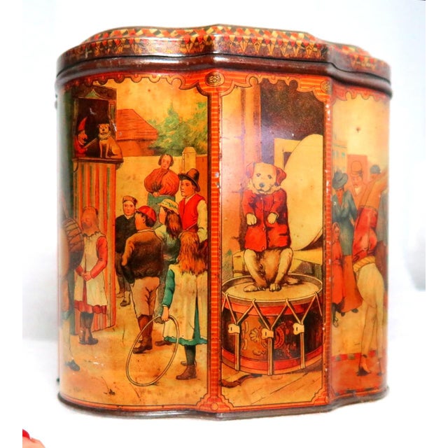 Orange Very Rare Antique Huntley and Palmers Lidded Hinged Biscuit Tin Themed With Monkeys, Children, Cats and Dogs. Circa 1880 - 1900 For Sale - Image 8 of 17