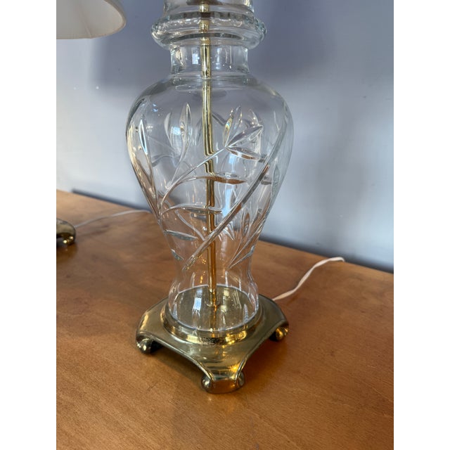 Metal Vintage Pair Cut Crystal and Brass Table Lamps With Pleated Silk Shades For Sale - Image 7 of 18