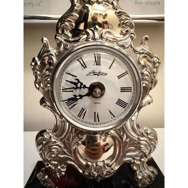 French Sterling Silver 925 Pedro Duran Mantel Clock Marble Stand Louis XV Style NWT For Sale - Image 3 of 9
