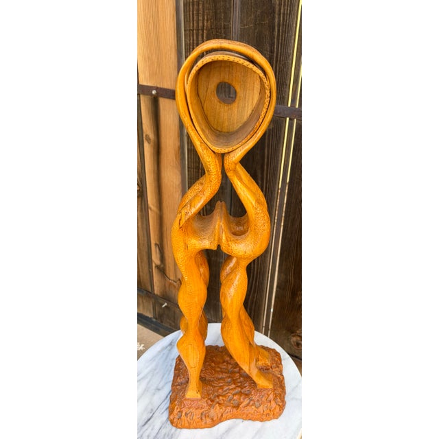 Vintage Mid Century Modern Abstract Hand Carved Wood Sculpture Two Figures Embracing 24” For Sale - Image 9 of 12