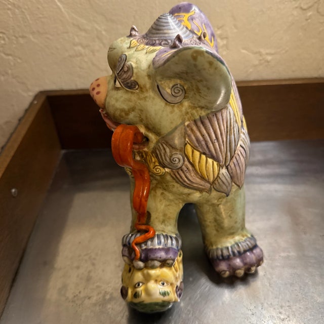 Vintage Multi-Color Porcelain Foo Dog Made in Hong Kong For Sale - Image 4 of 12