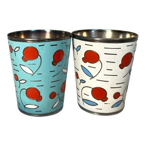 Vintage Russian Cloisonne Enamel Jigger Cup Blue, Red, White, Silver Signed Aiom - Set of Two