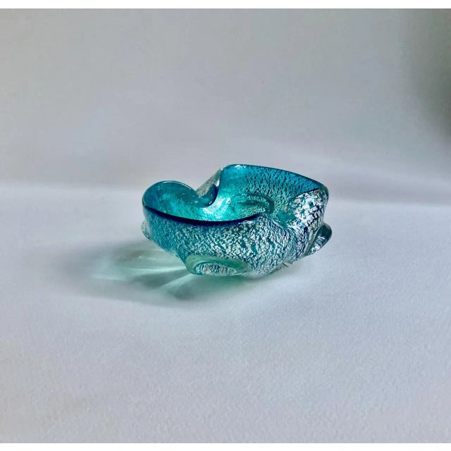 Barovier & Toso Italian Mid Century Seguso Murano Attributed Turquoise & Silver Averturine Dish For Sale - Image 4 of 17