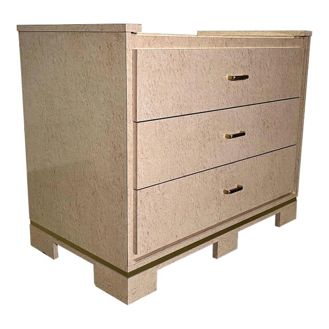 1980's Karl Springer Style Faux Burl and Brass 3 Drawer Chest For Sale